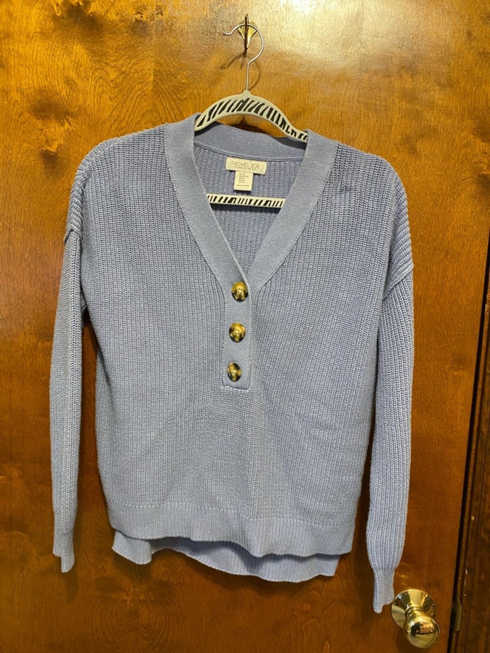 Rachel Zoe Dusty Blue V-Neck Knit Sweater with Gold Buttons